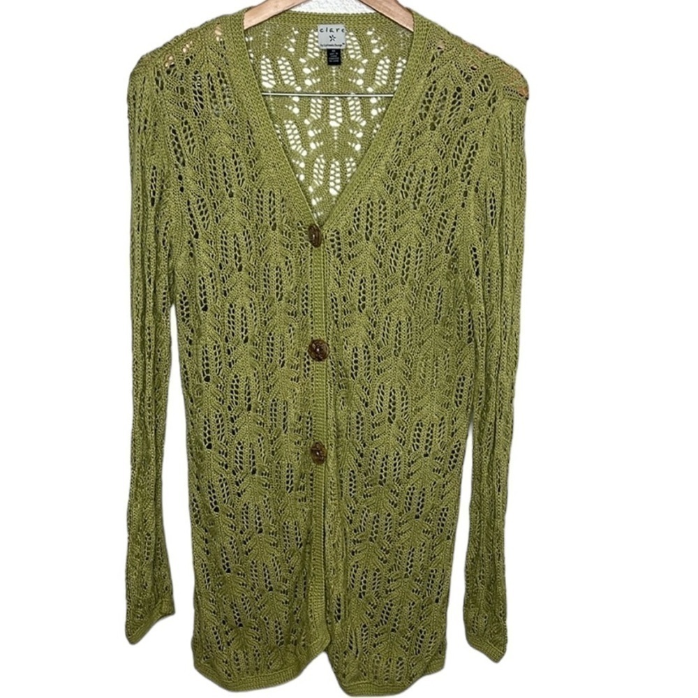 Clare by Icelandic Designs Green Open Knit Button Up Cardigan Women's Size M